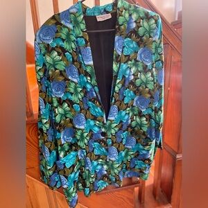 Vintage Vibrant Floral Blazer with Blue and Green Roses Women’s L Unique U.S.A.